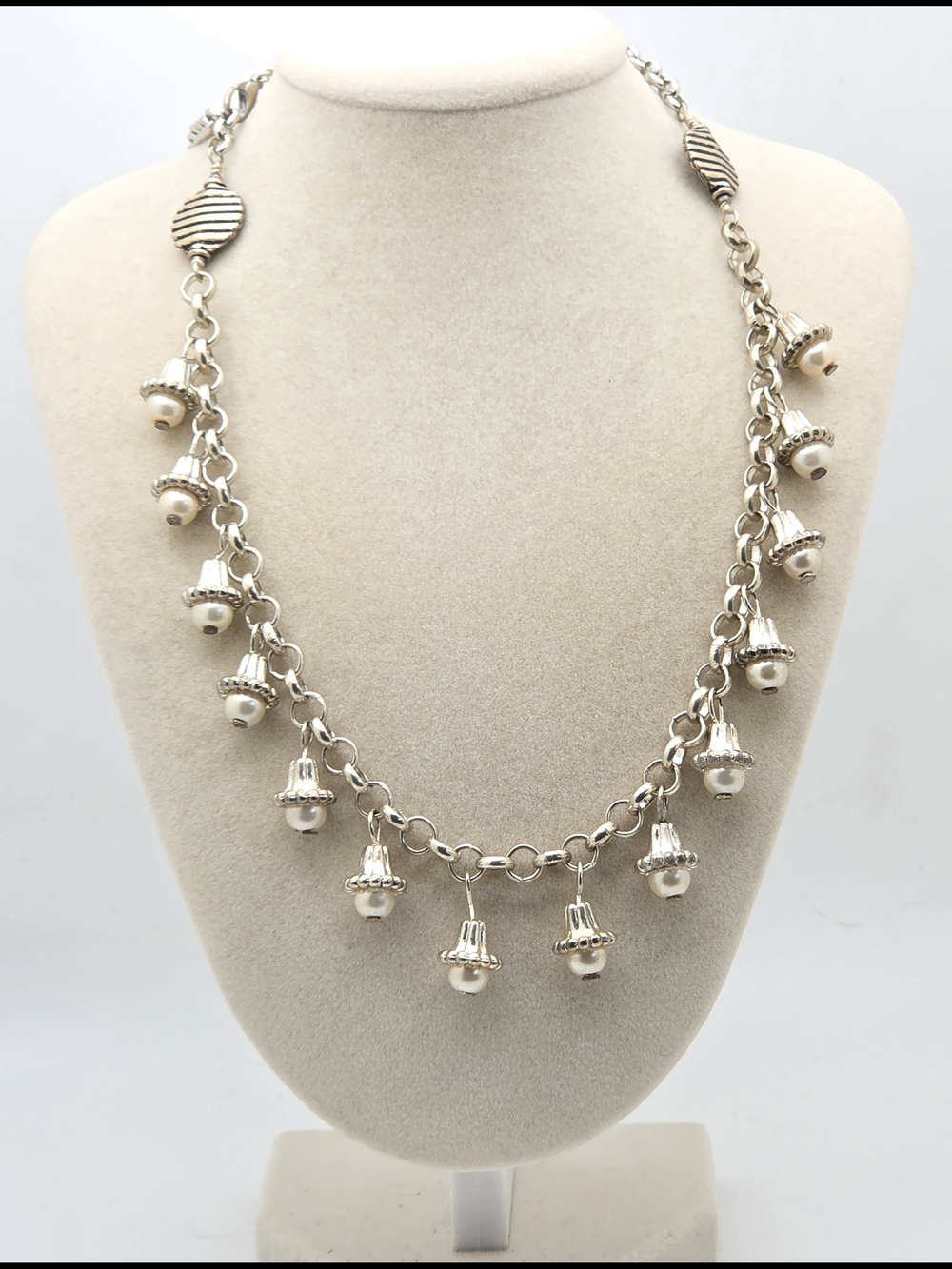 Boho Silver Tone Faux Pearl Tassel Statement Necklace - 19"